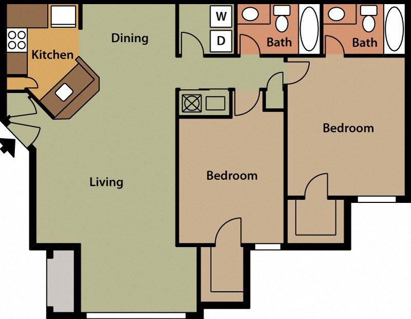Floor plan for 2 beds, 2 baths, 990 sqft